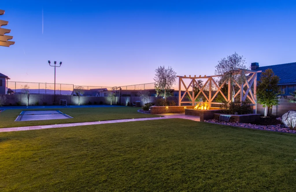 Draw an illustration of a vibrant synthetic grass landscape with visible drainage channels and water flowing smoothly beneath the surface