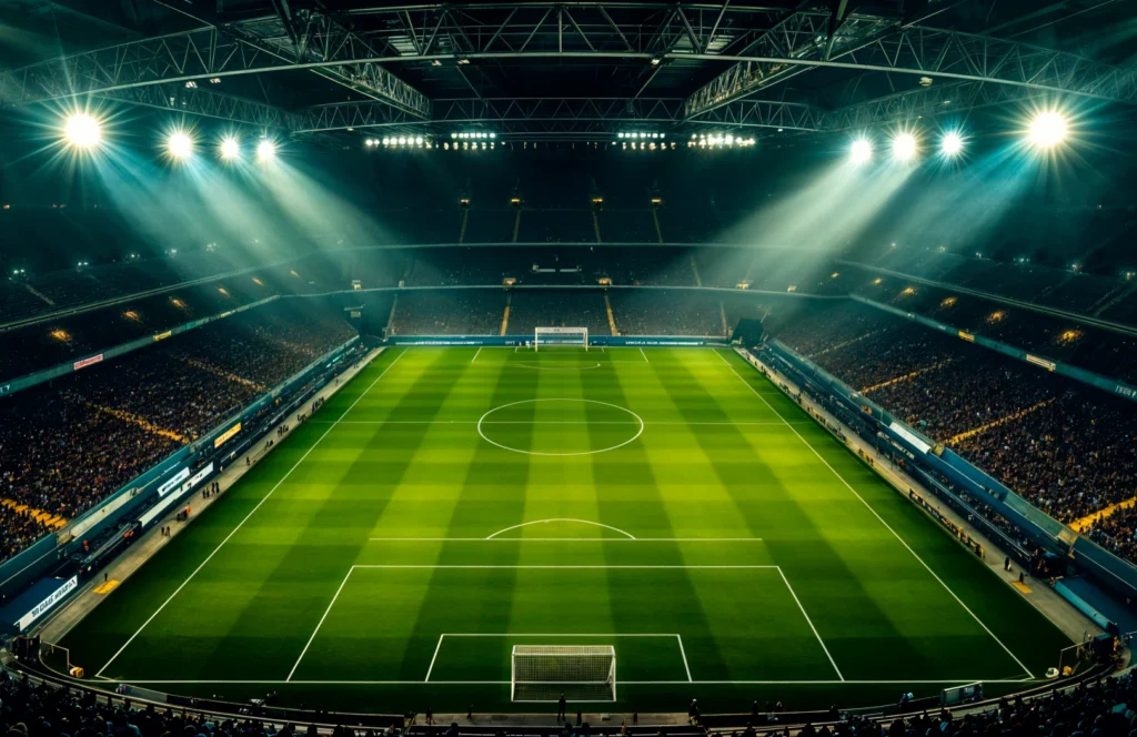 An aerial view of a vibrant soccer field being installed